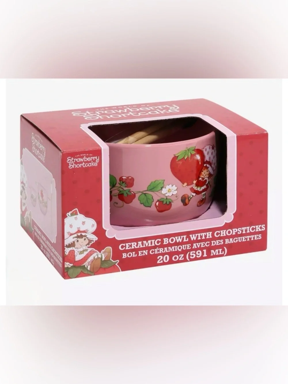 Strawberry Shortcake Pink 20oz Ceramic Ramen Bowl with Chopsticks- New